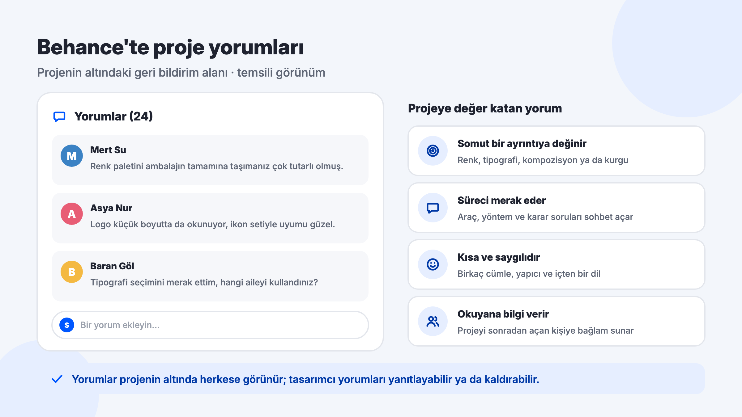 Temsili Behance proje yorumları alanı ve projeye değer katan yorumun özellikleri: somut ayrıntı, süreç sorusu, kısa ve saygılı dil