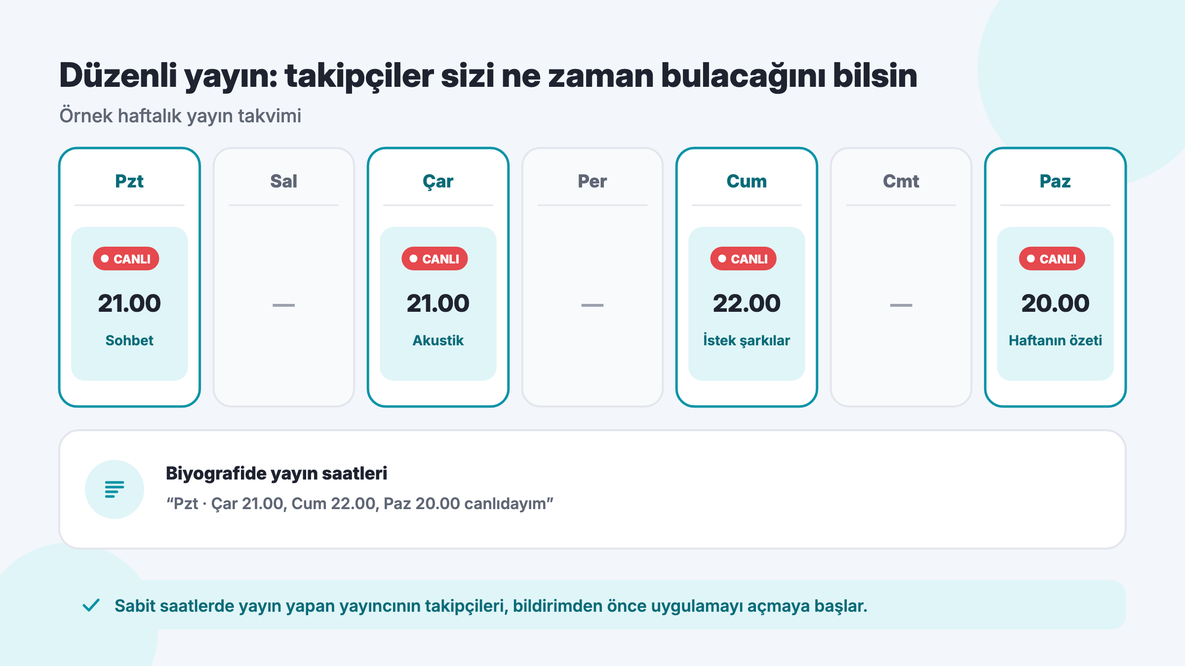 Bigo Live haftalık yayın takvimi örneği: sabit gün ve saatlerde yapılan yayınlar ve takipçilerin yayın saatini öğrenmesi