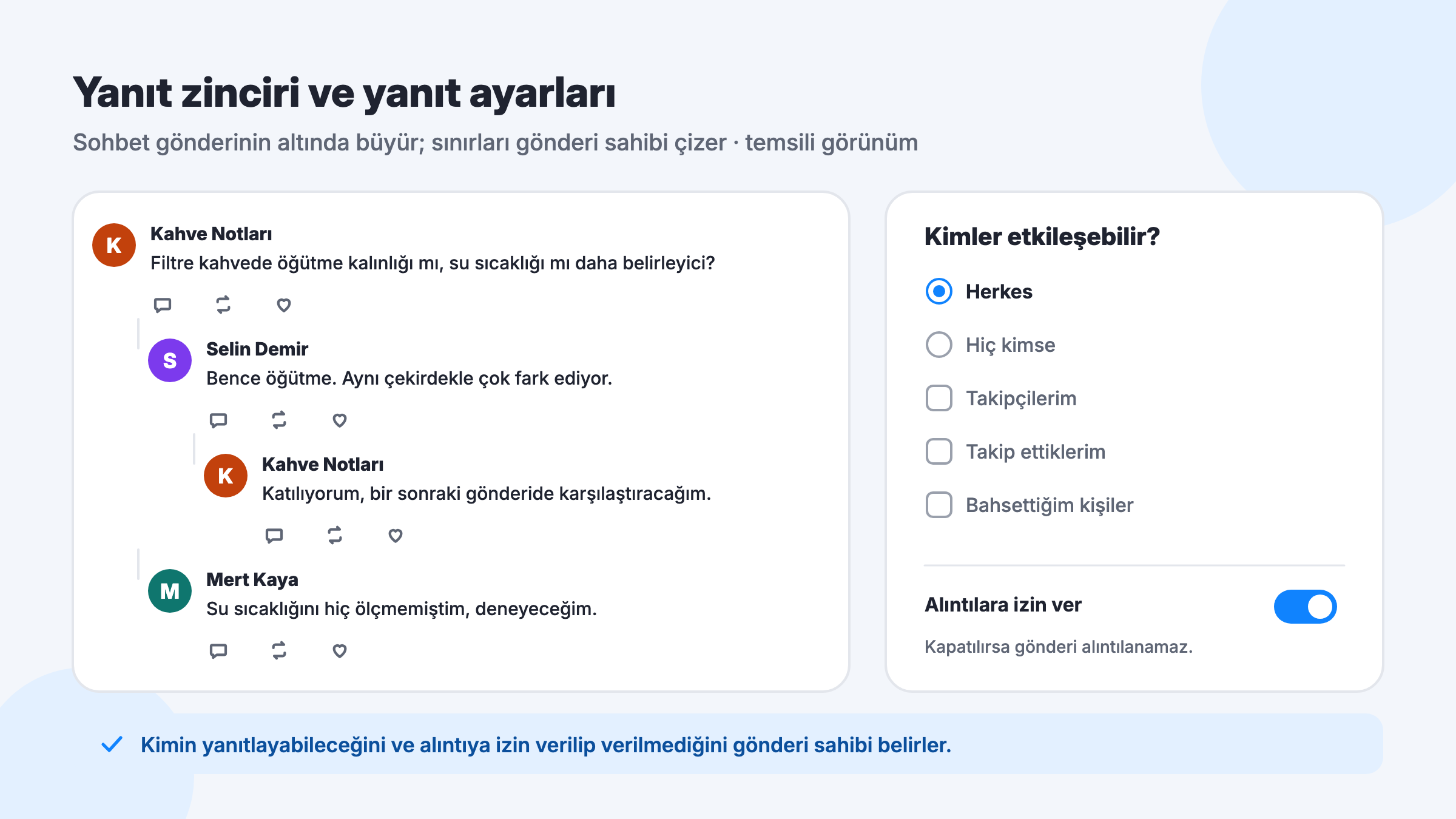 Bluesky gönderisinin altında büyüyen yanıt zinciri ile kimlerin yanıtlayabileceğini ve alıntı iznini belirleyen ayarlar