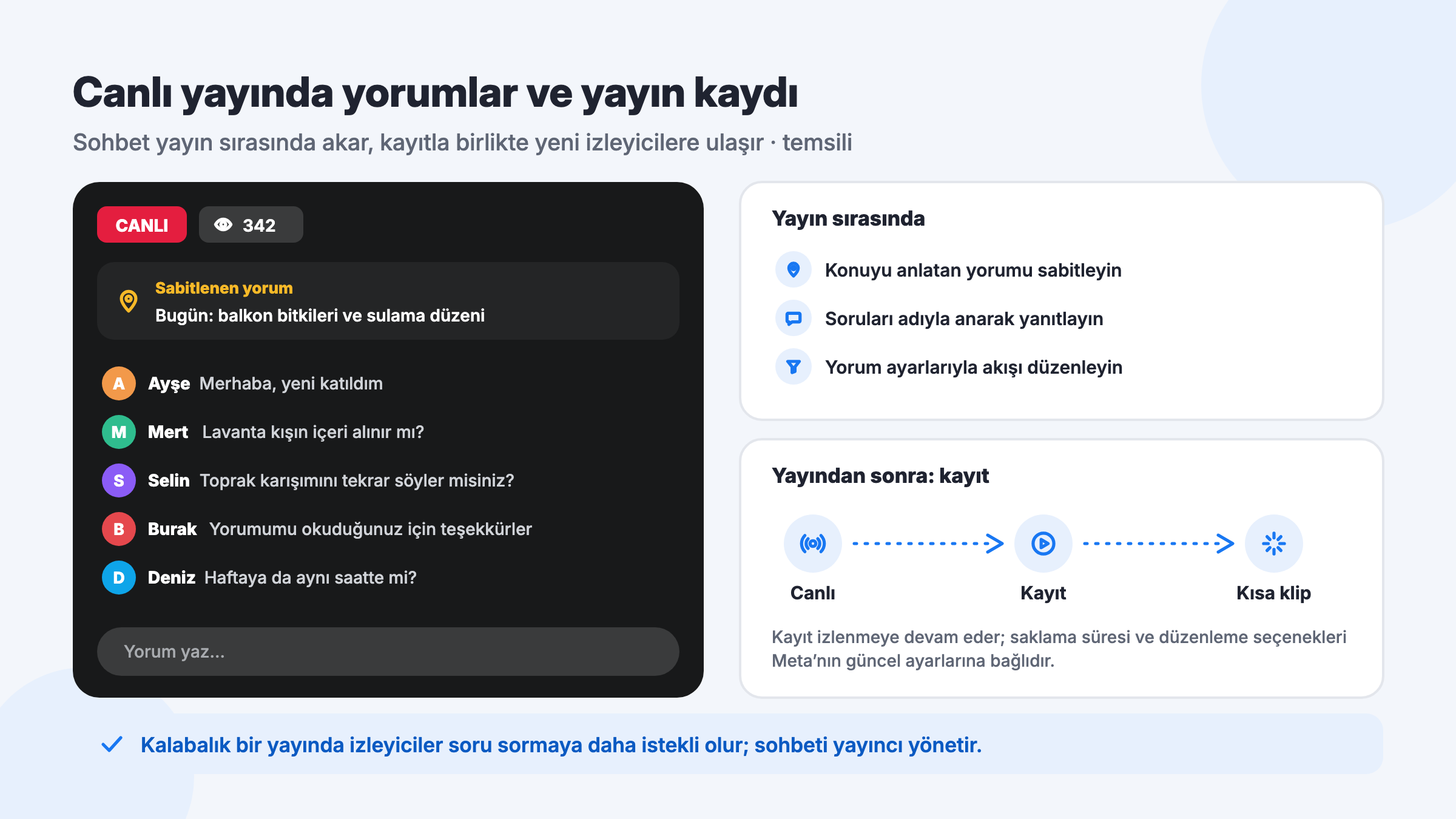 Facebook canlı yayın sohbeti, sabitlenen yorum, yorum ayarları ve yayının kayda ve kısa klibe dönüşmesi