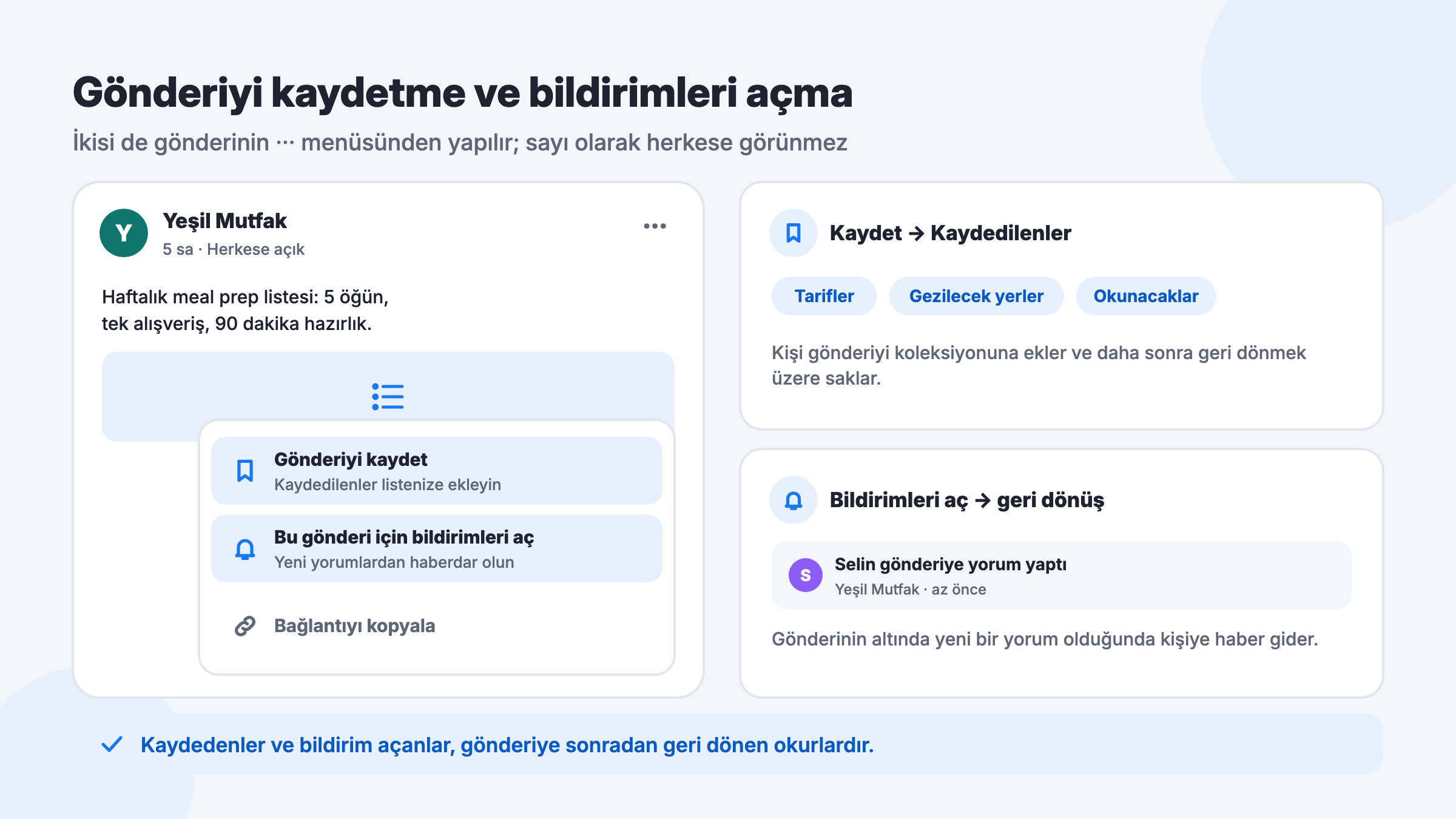 Facebook gönderisinin üç nokta menüsünde Gönderiyi kaydet ve Bu gönderi için bildirimleri aç seçenekleri, Kaydedilenler koleksiyonları