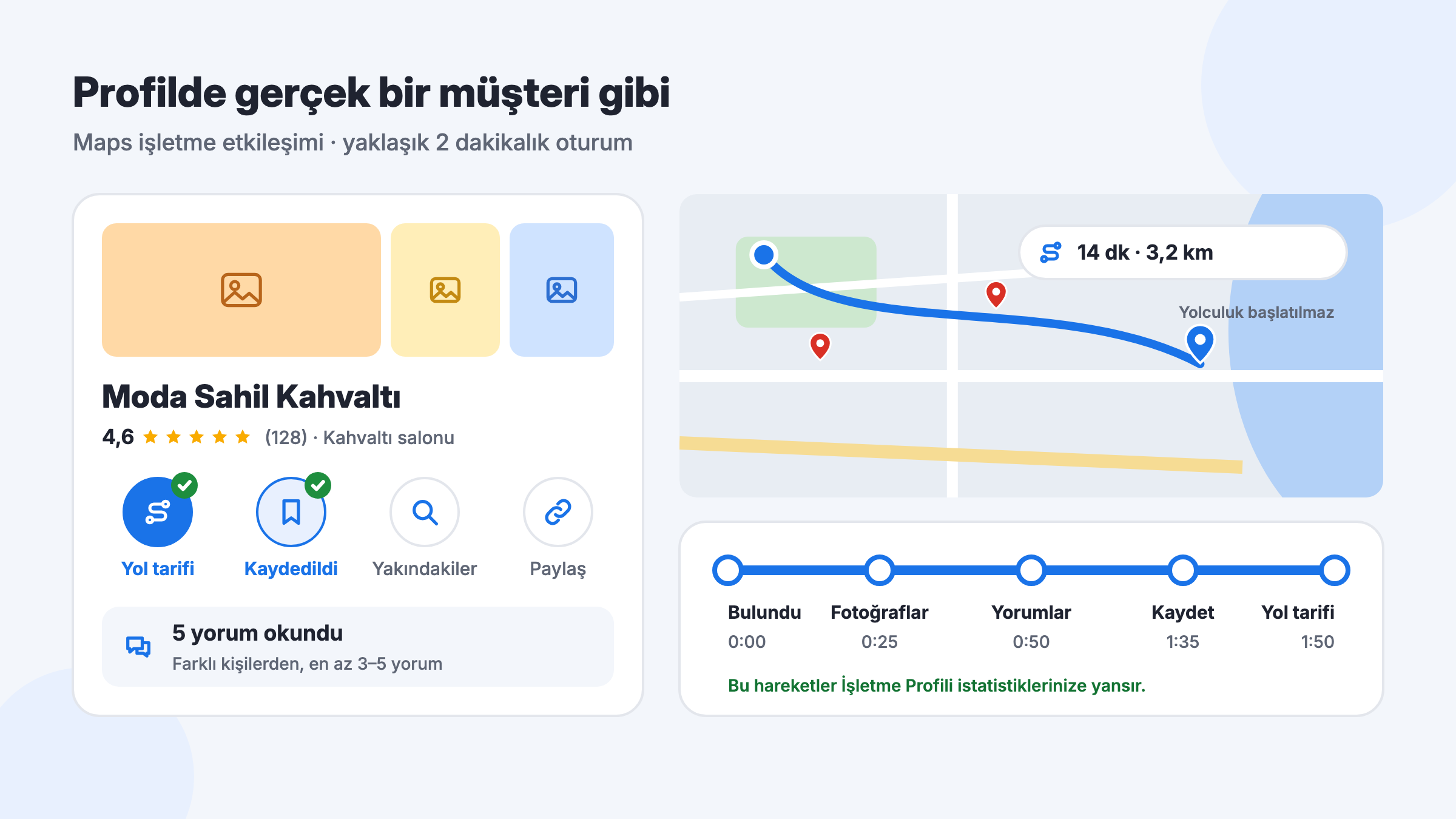 Google Maps işletme profilinde yorum okuma, işletmeyi kaydetme ve yol tarifi alma adımları