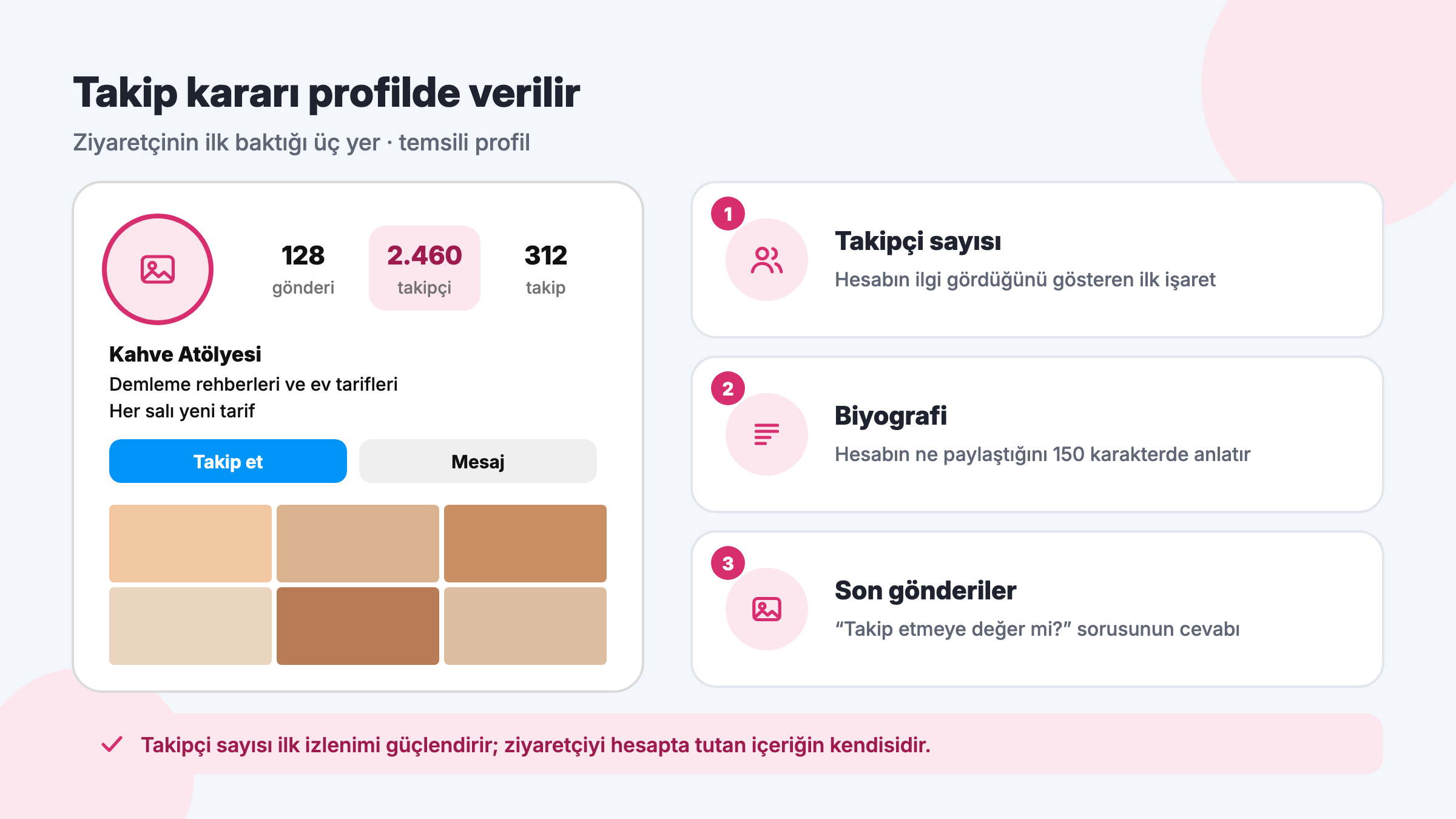 Temsili Instagram profili: takipçi sayısı, biyografi ve son gönderilerin ziyaretçinin takip kararına etkisi