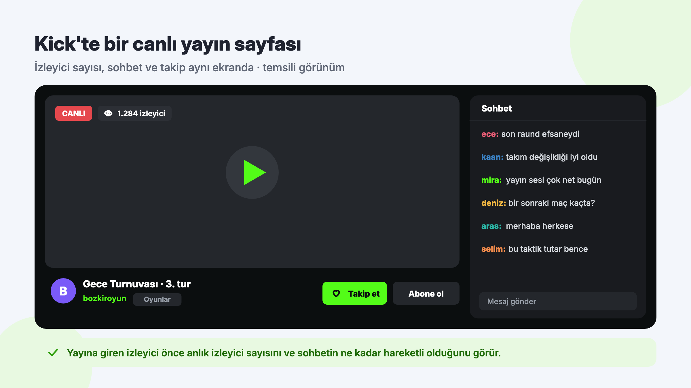 Temsili Kick canlı yayın sayfası: CANLI etiketi, anlık izleyici sayacı, oynatıcı, kanal bilgisi, Takip et ve Abone ol düğmeleri ile sohbet paneli