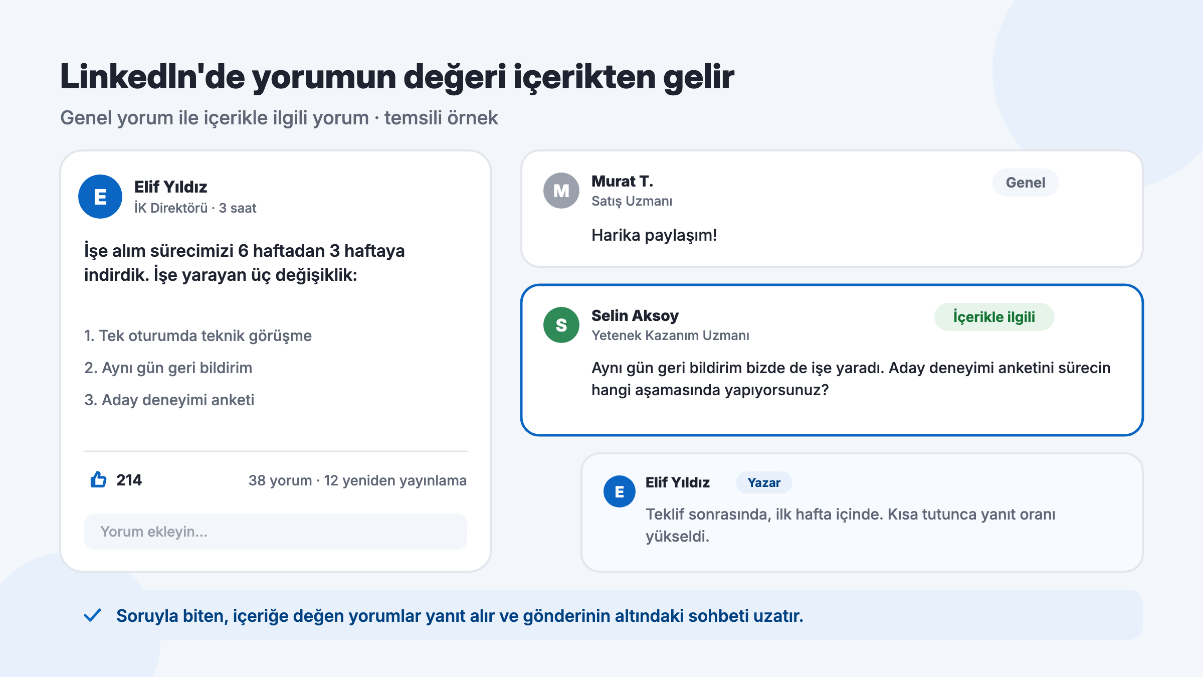 LinkedIn gönderisinde genel bir yorum ile içerikle ilgili soru soran anlamlı yorumun ve yazarın yanıtının karşılaştırması