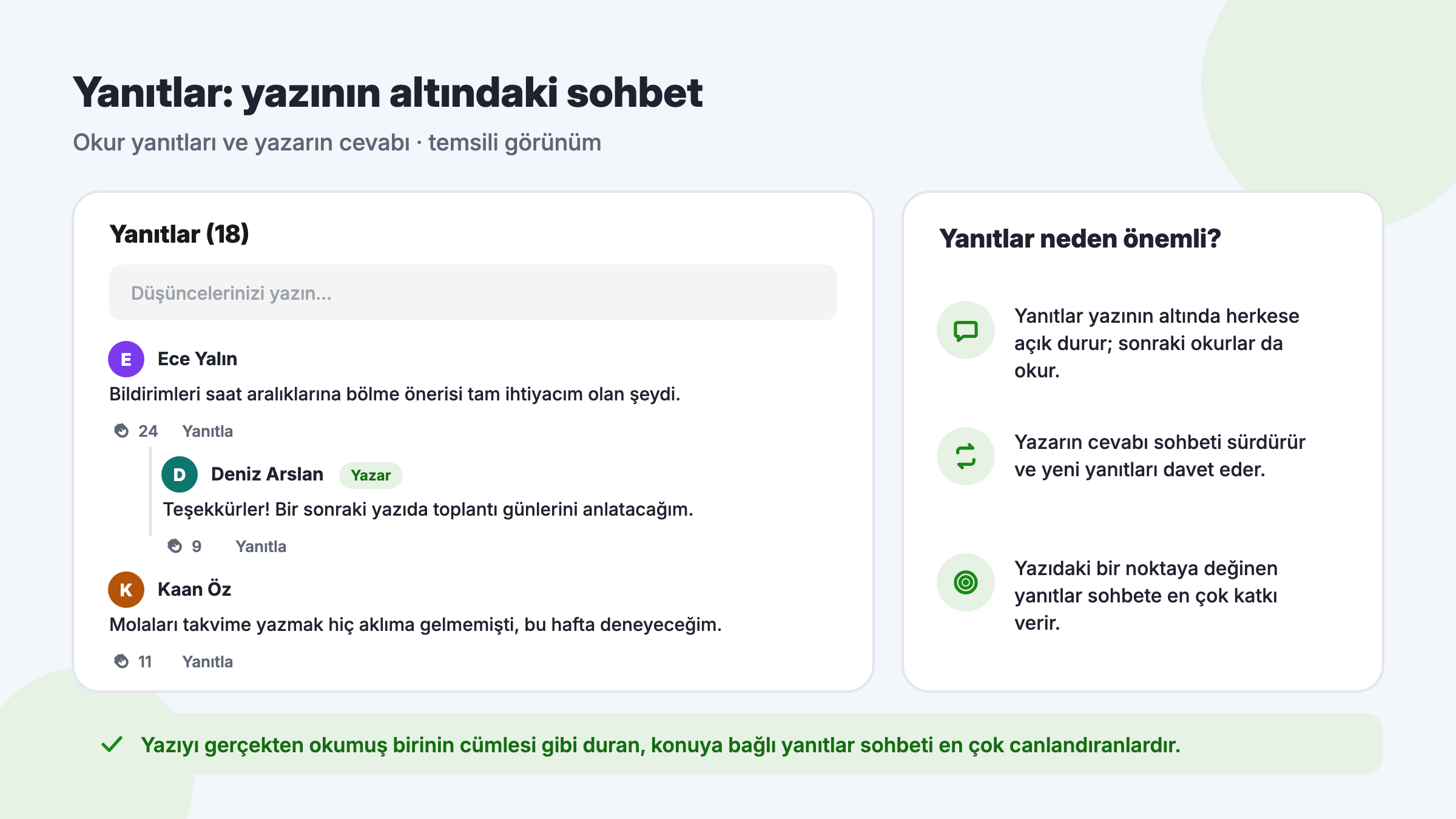 Bir Medium yazısının altındaki yanıtlar bölümü: okur yanıtları, yazarın cevabı ve yanıtların alkış sayıları