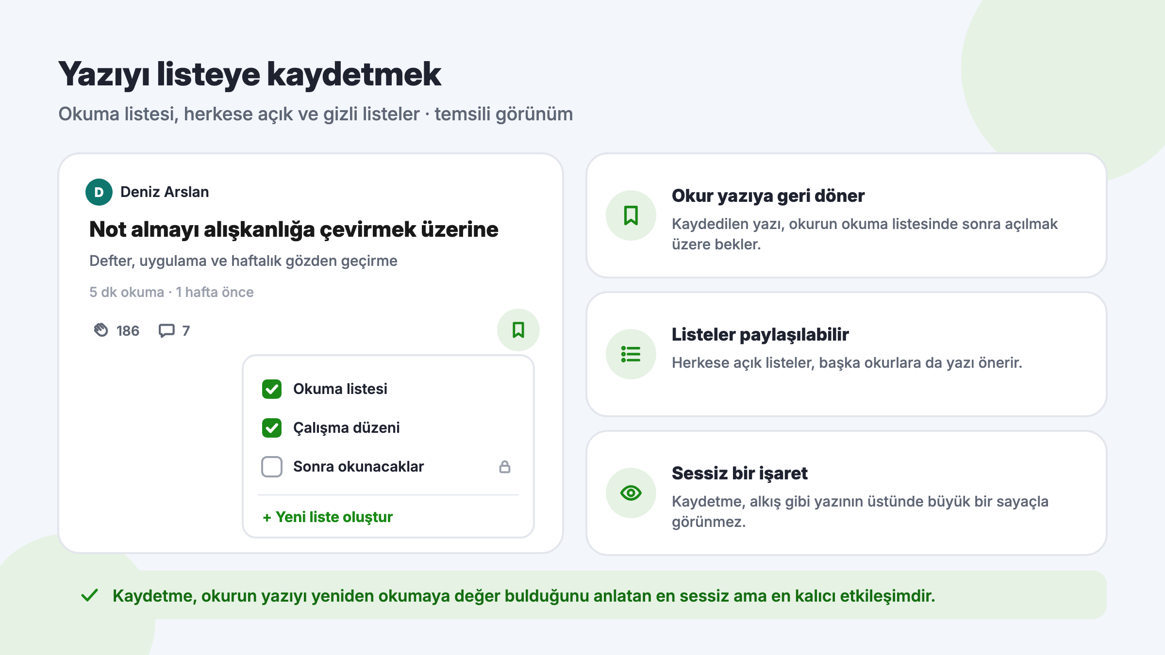 Medium yazısını okuma listesine, herkese açık bir listeye ya da gizli bir listeye kaydetme seçeneklerinin temsili görünümü