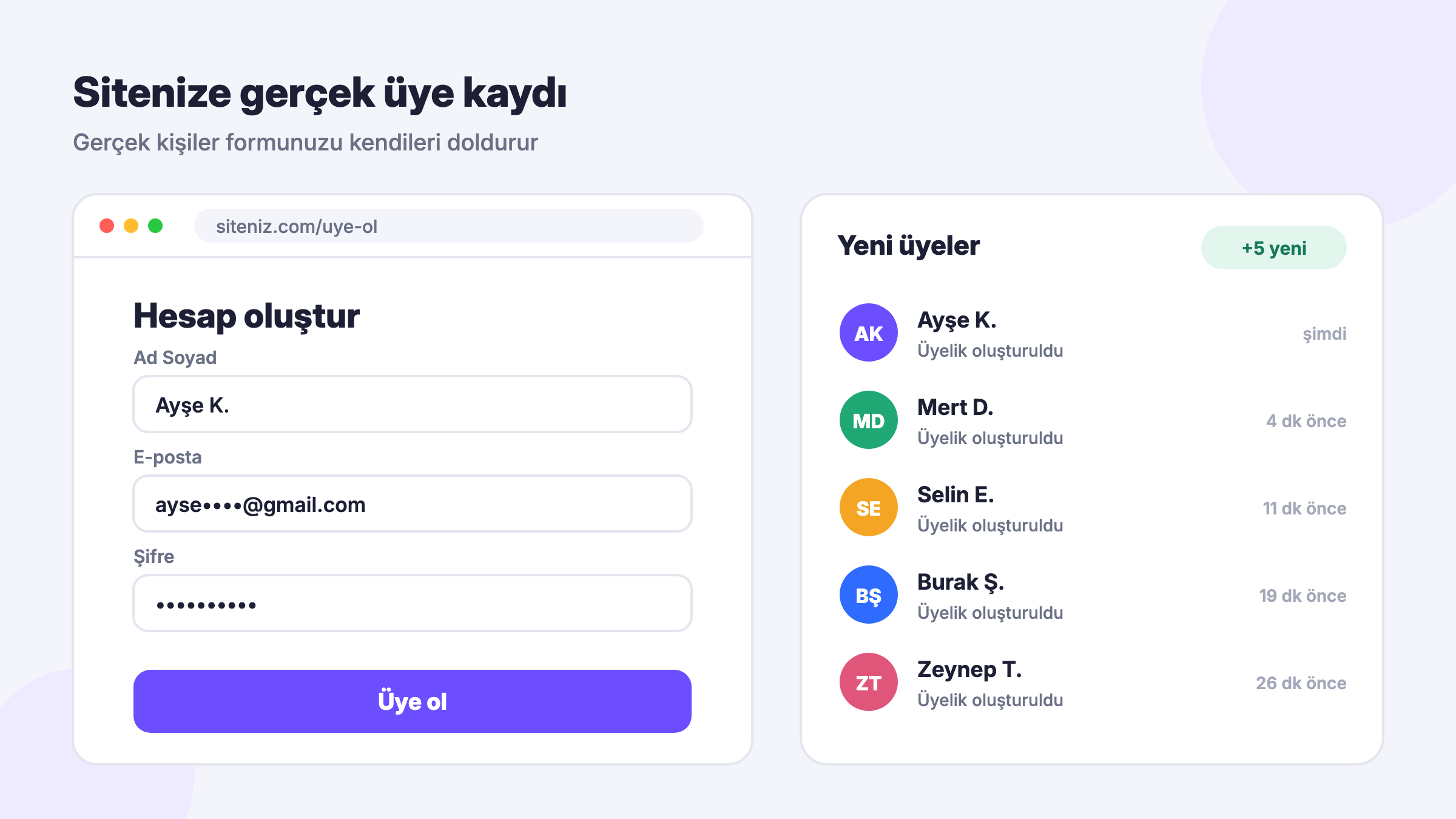 Web sitesi kayıt ol hizmeti: gerçek kişinin üyelik formunu doldurması ve yeni üyeler listesi