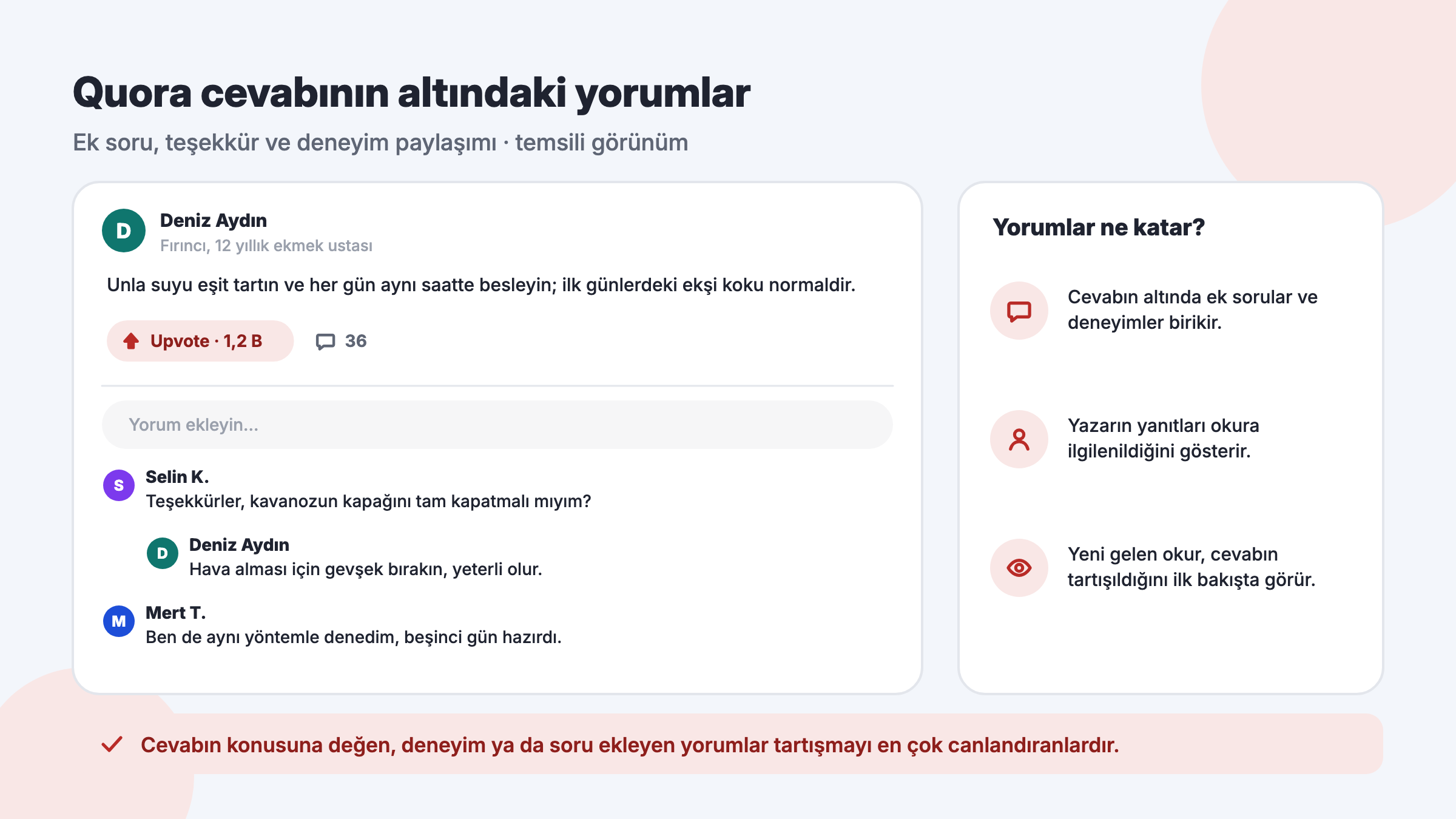 Quora cevabının altında ek soru, deneyim paylaşımı ve cevap yazarının yanıtından oluşan yorum bölümünün temsili görünümü