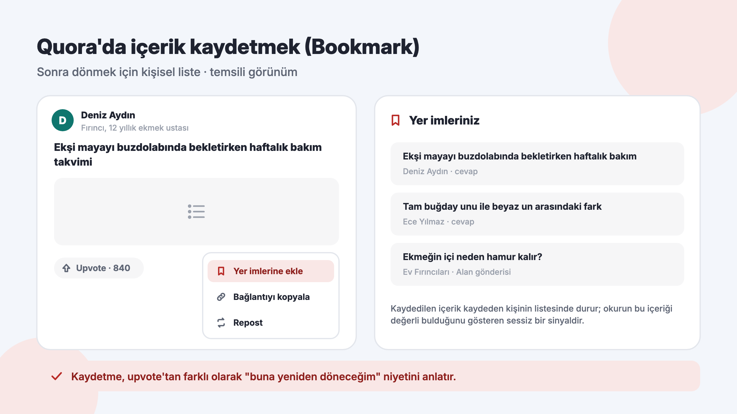 Quora cevabını Yer imlerine ekle seçeneğiyle kaydetme menüsü ve kaydedilen içeriklerin bulunduğu kişisel yer imleri listesi