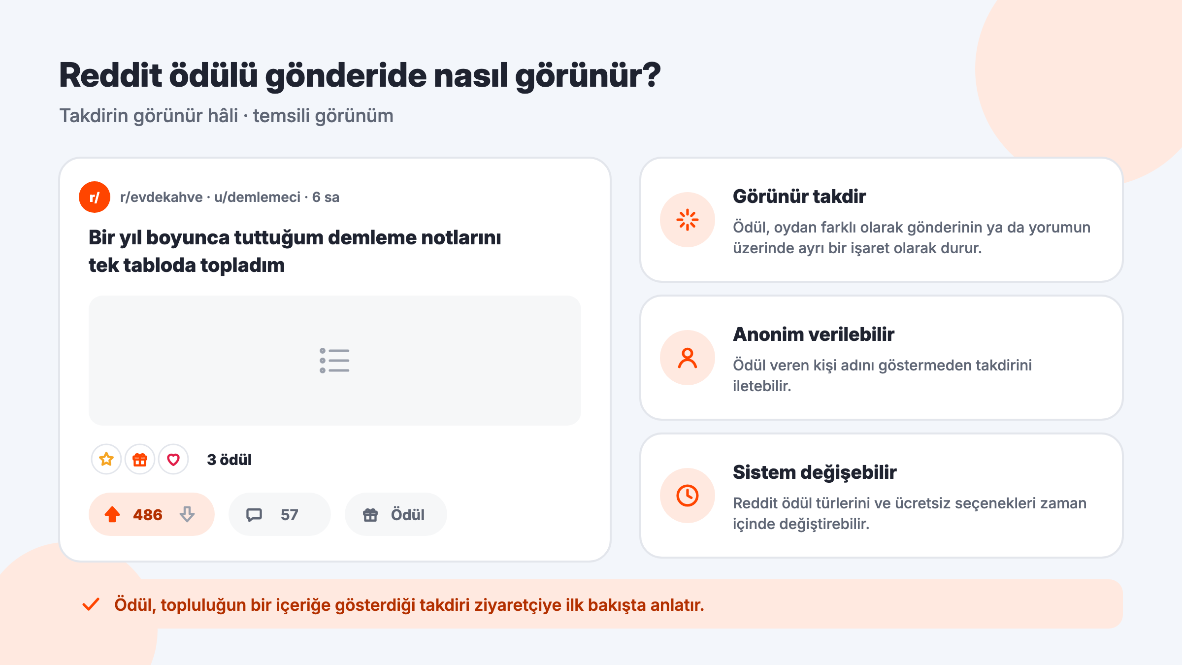 Reddit gönderisinin altında ödül işaretleri, oy ve yorum sayılarıyla ödülün gönderide nasıl göründüğünü anlatan temsili görünüm