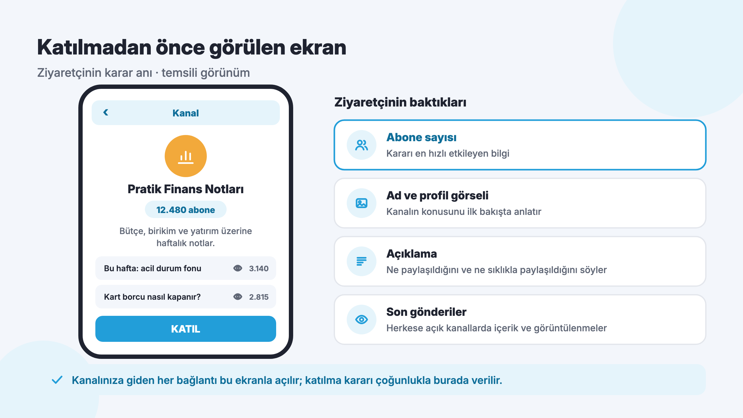 Telegram kanalına katılmadan önce görülen ekran: kanal adı, abone sayısı, açıklama, son gönderiler ve Katıl düğmesi