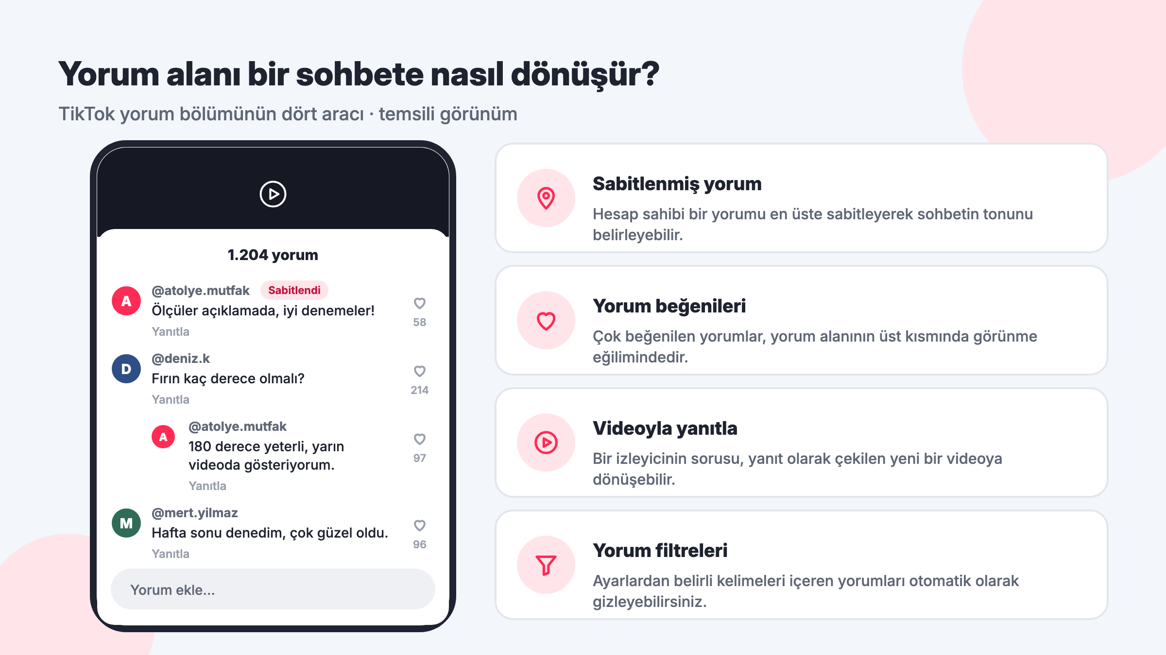 TikTok yorum alanı temsili görünümü: sabitlenmiş yorum, yorum beğenileri, videoyla yanıtla ve yorum filtreleri