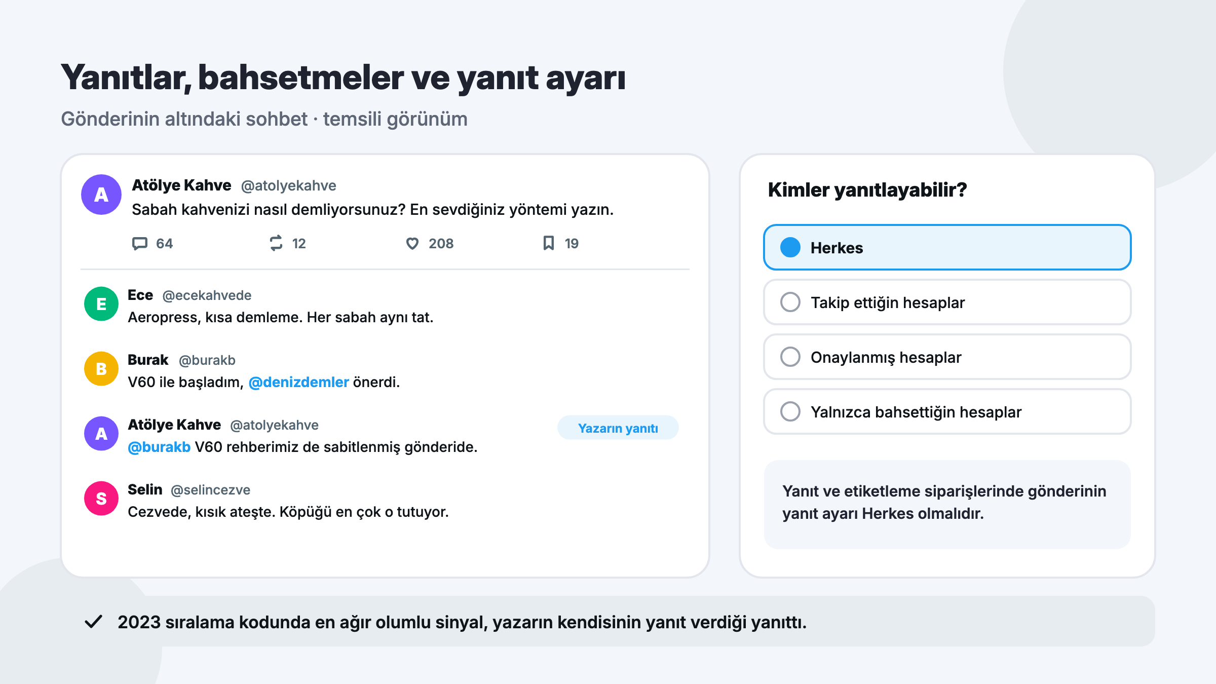 X gönderisinin altındaki yanıtlar, @bahsetme ile etiketlenen hesap ve Kimler yanıtlayabilir ayarının temsili görünümü